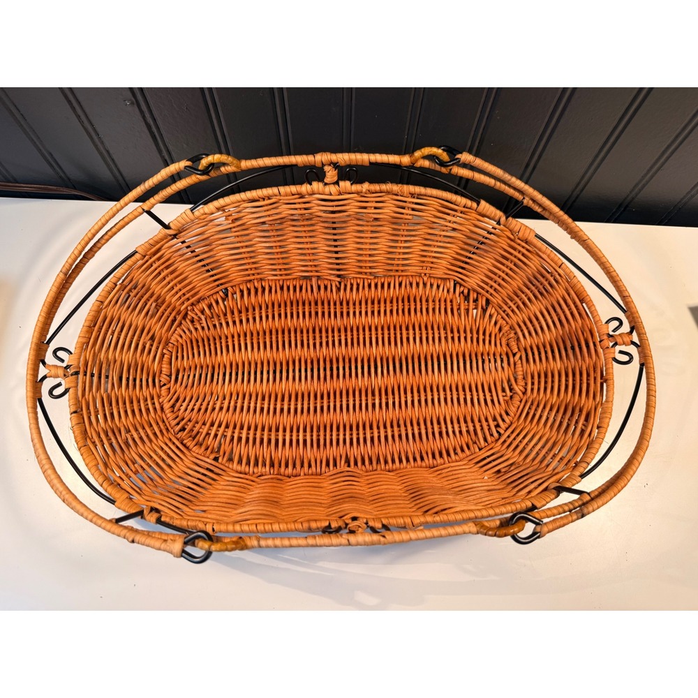Vintage Woven Wicker Basket Black Metal Frame Oval Serving Tray with Handles